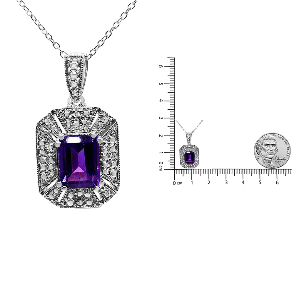 Purple Amethyst & Diamond Art Decó Silver Necklace